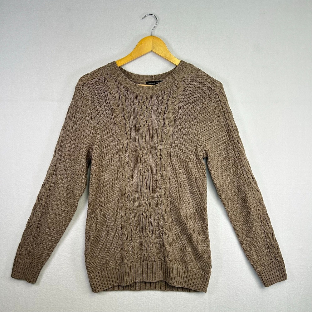Preppy Jeanne Pierre Mens Large Brown Cable Knit Cotton Crew Neck Sweater Granny